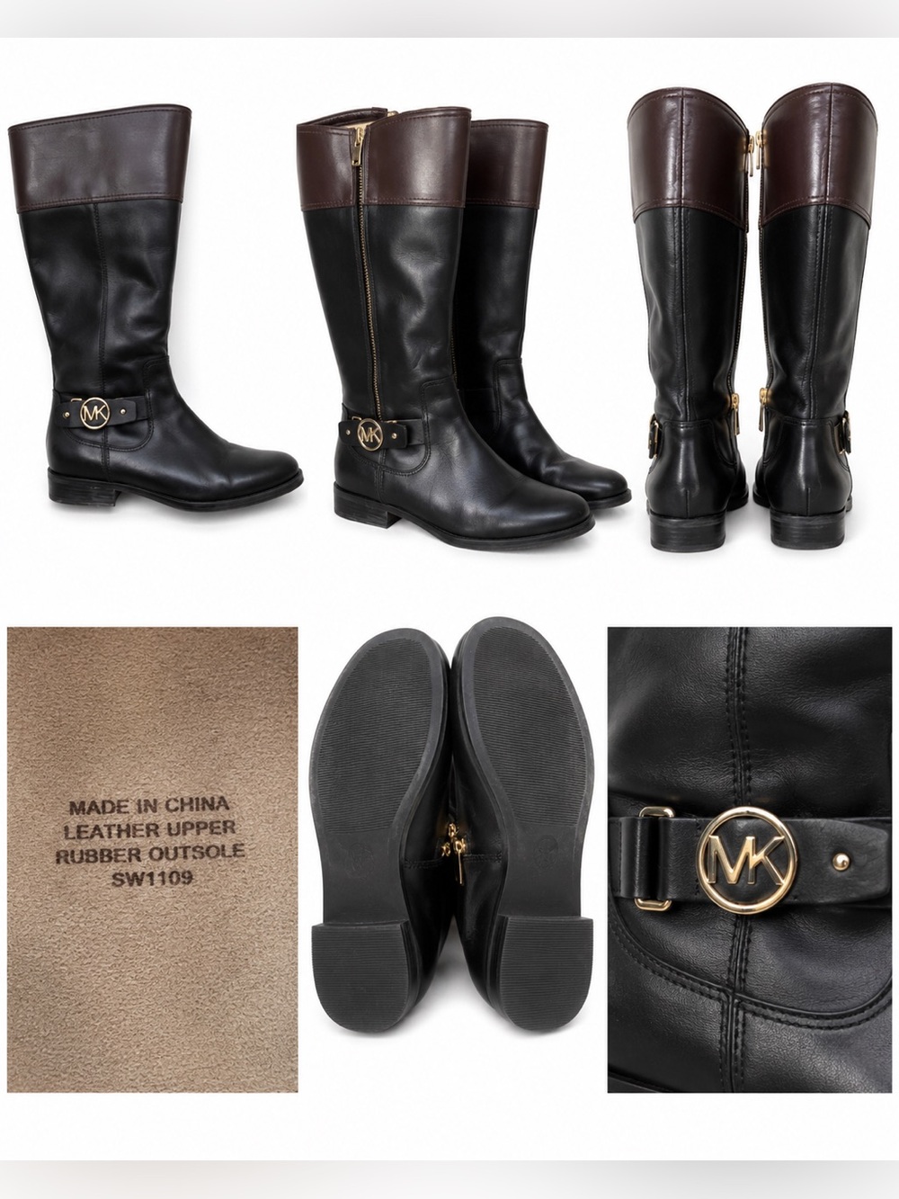 Michael Kors Black and Brown Leather Tall Riding Boots with Gold Hardware
